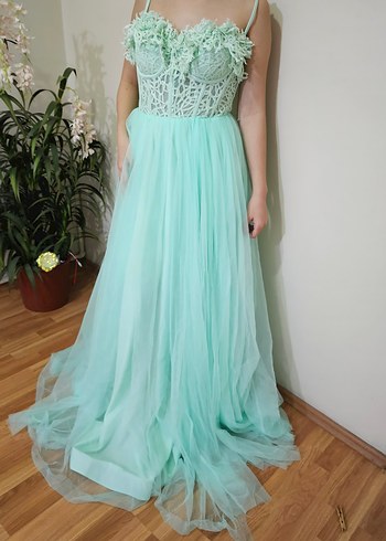 Turkuaz Dantel Detaylı Uzun Nişan Elbisesi - Görsel 3