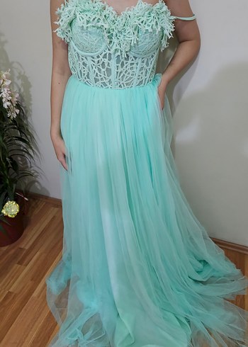 Turkuaz Dantel Detaylı Uzun Nişan Elbisesi - Görsel 7