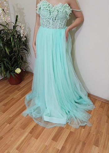Turkuaz Dantel Detaylı Uzun Nişan Elbisesi - Görsel 4