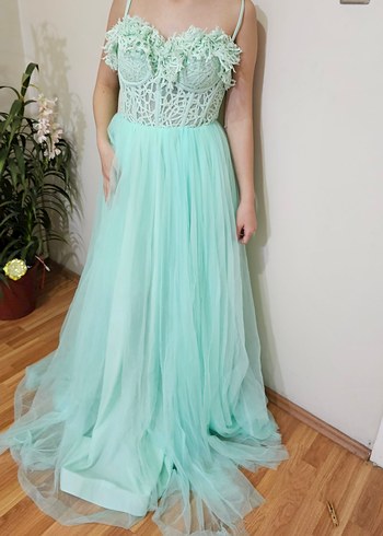 Turkuaz Dantel Detaylı Uzun Nişan Elbisesi - Görsel 2