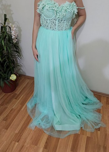 Turkuaz Dantel Detaylı Uzun Nişan Elbisesi - Görsel 8