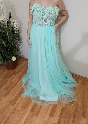 Turkuaz Dantel Detaylı Uzun Nişan Elbisesi - Görsel 5