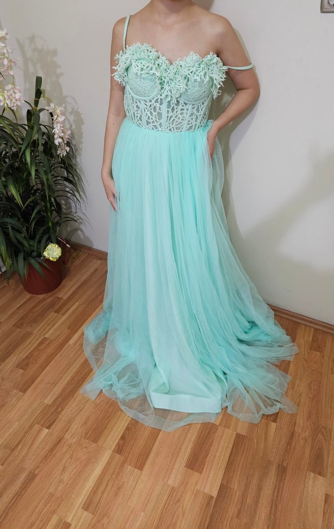 Turkuaz Dantel Detaylı Uzun Nişan Elbisesi - Görsel 5