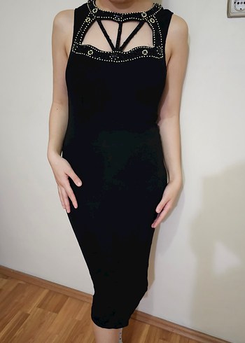 Siyah V Yakalı Gotik İşlemeli Midi Elbise - Görsel 2