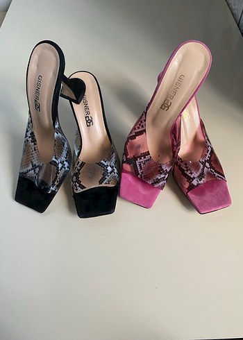 Pembe  ve Siyah Yılan Desenli  Topuklu Terlik - Görsel 5