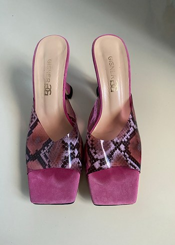 Pembe  ve Siyah Yılan Desenli  Topuklu Terlik - Görsel 6