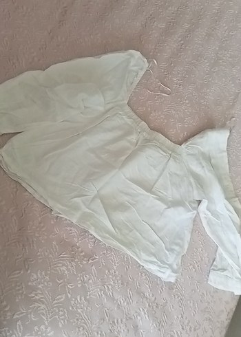 38 Beden Beyaz Keten Bohem Bluz, Uzun Kollu, Salaş