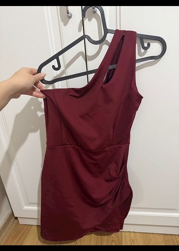 Diğer Bordo Drapeli Tek Omuz Mini Elbise