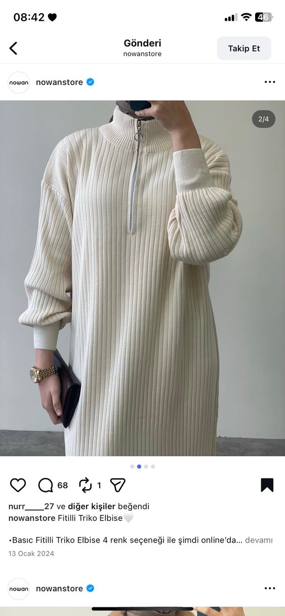 Beyaz Yüksek Yakalı Triko Uzun Elbise - Görsel 2