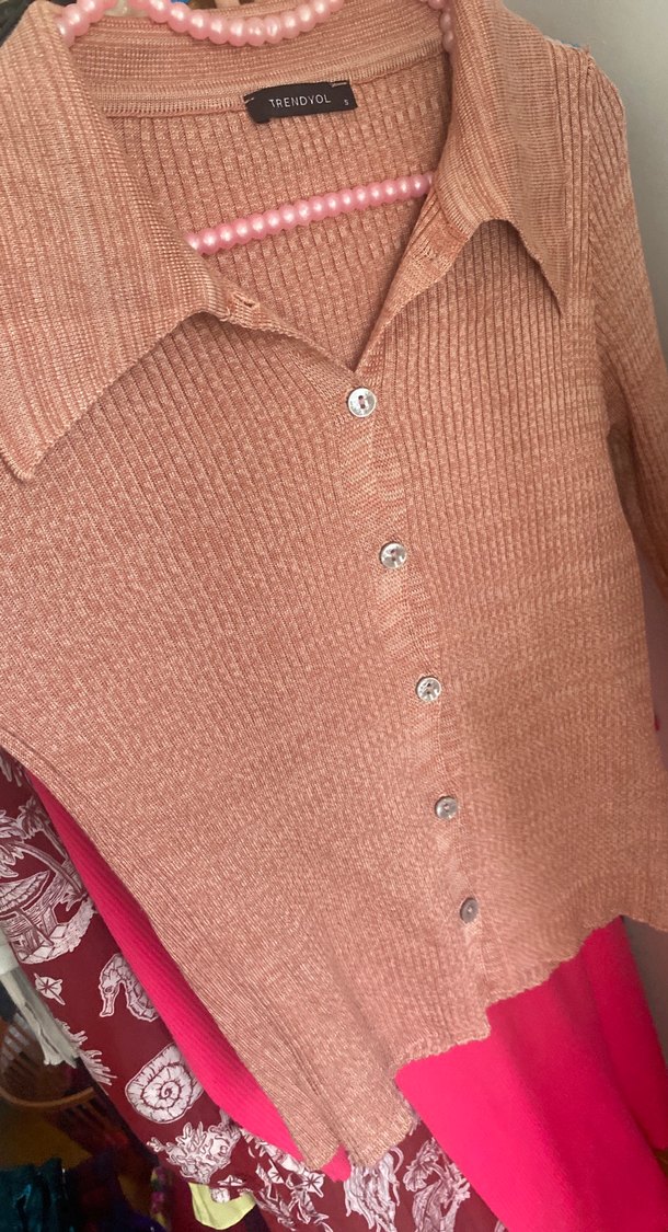 Düğmeli Pembe Triko Kadın Kazak - Görsel 5