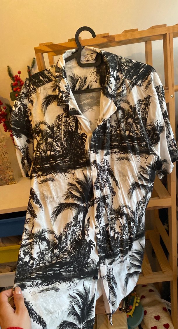 Bohem Gri Desenli Kısa Kollu kadın Gömlek - Görsel 5