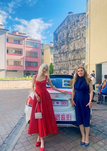 Parlak Kırmızı saten Midi Elbise - Görsel 11