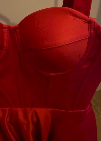 Parlak Kırmızı saten Midi Elbise - Görsel 5