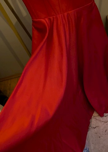 Parlak Kırmızı saten Midi Elbise - Görsel 6