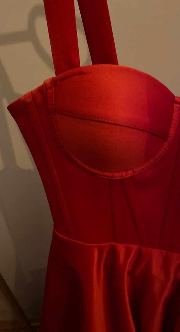 Parlak Kırmızı saten Midi Elbise - Görsel 4