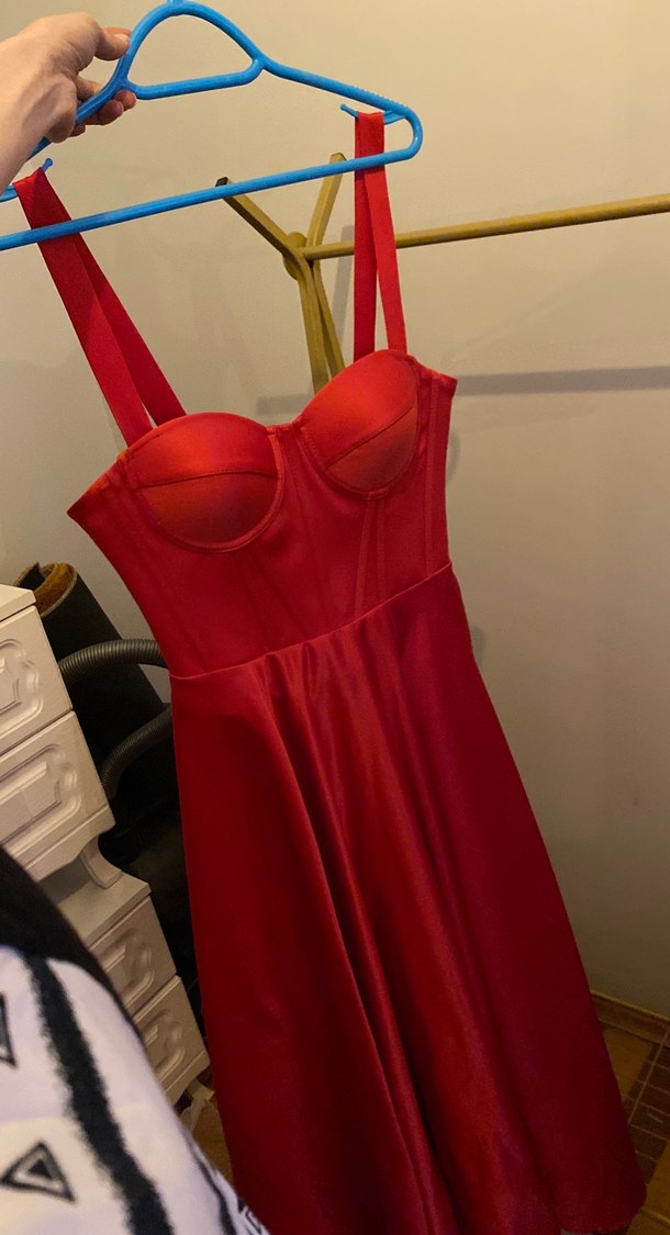 Parlak Kırmızı saten Midi Elbise - Görsel 2