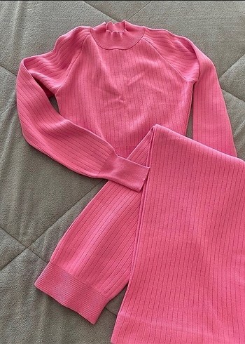 Pembe Fitilli Uzun Kollu Kazak triko takım
