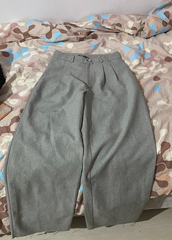 Diğer Gri Keten Düğmeli Rahat Kesim Kadın Pantolon