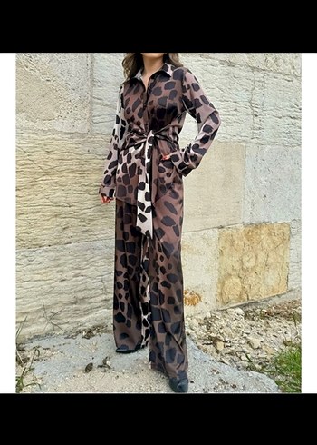 Kahverengi Leopar Desenli Uzun Kadın Elbise
