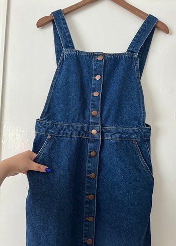 Bershka Düğmeli Lacivert Denim Midi Salopet