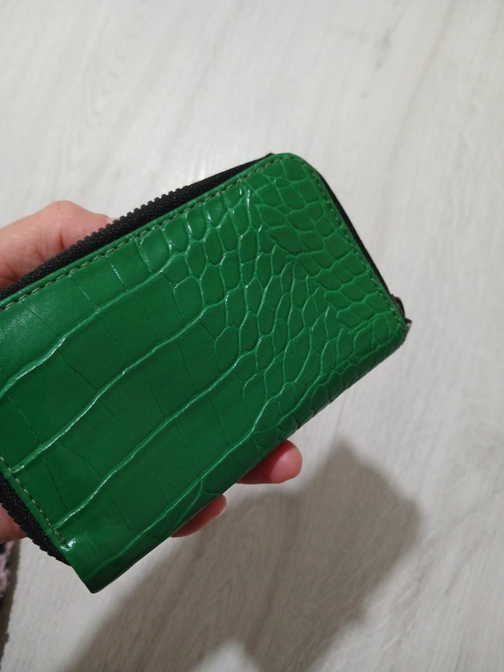 Deri Yeşil Yılan Desenli Fermuarlı Cüzdan - Görsel 5