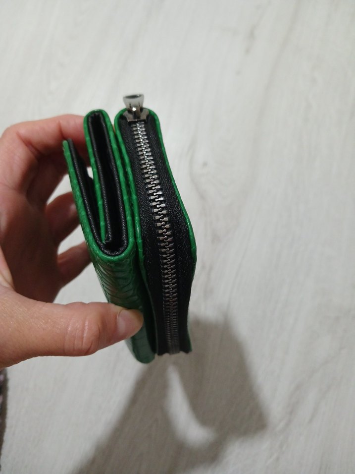 Deri Yeşil Yılan Desenli Fermuarlı Cüzdan - Görsel 2