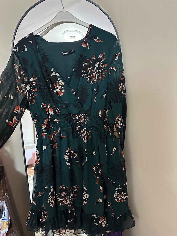 Yeşil Bohem Midi Elbise, Uzun Kollu, V Yaka - Görsel 2