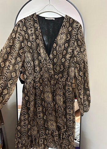 Yılan Desenli Kahverengi Midi Bohem Elbise - Görsel 2