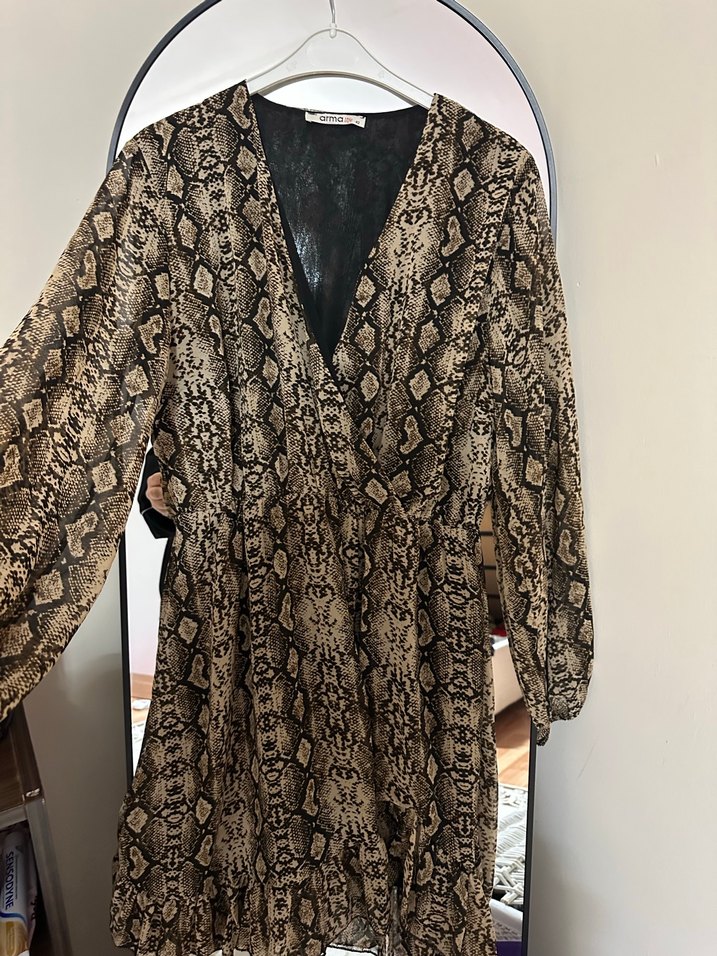 Yılan Desenli Kahverengi Midi Bohem Elbise - Görsel 2