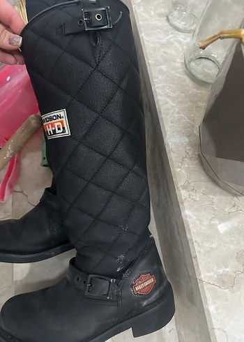 Siyah Deri kadın Biker Diz Boyu Bot - Görsel 4