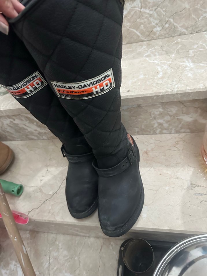 Siyah Deri kadın Biker Diz Boyu Bot - Görsel 5