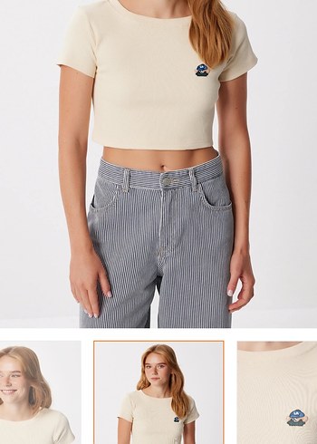 s Beden Ayıcık Nakışlı Fitilli Örme Crop Tişört