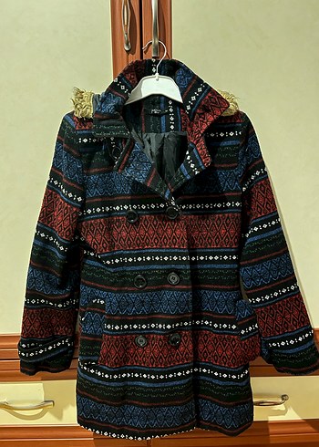 Etnik Desenli Astarlı Kapüşonlu Kaşe - Görsel 2