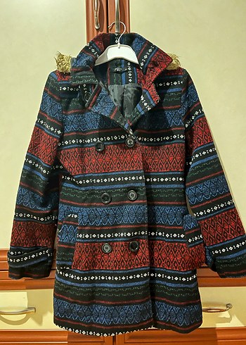 Etnik Desenli Astarlı Kapüşonlu Kaşe - Görsel 3