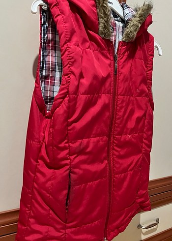 Kırmızı Kürklü Kadın Hafif Şişme Yelek - Görsel 3