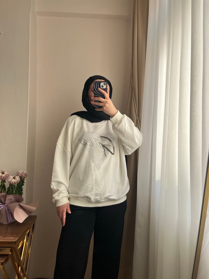 Beyaz Baskılı Pamuklu Oversize Sweatshirt - Görsel 2