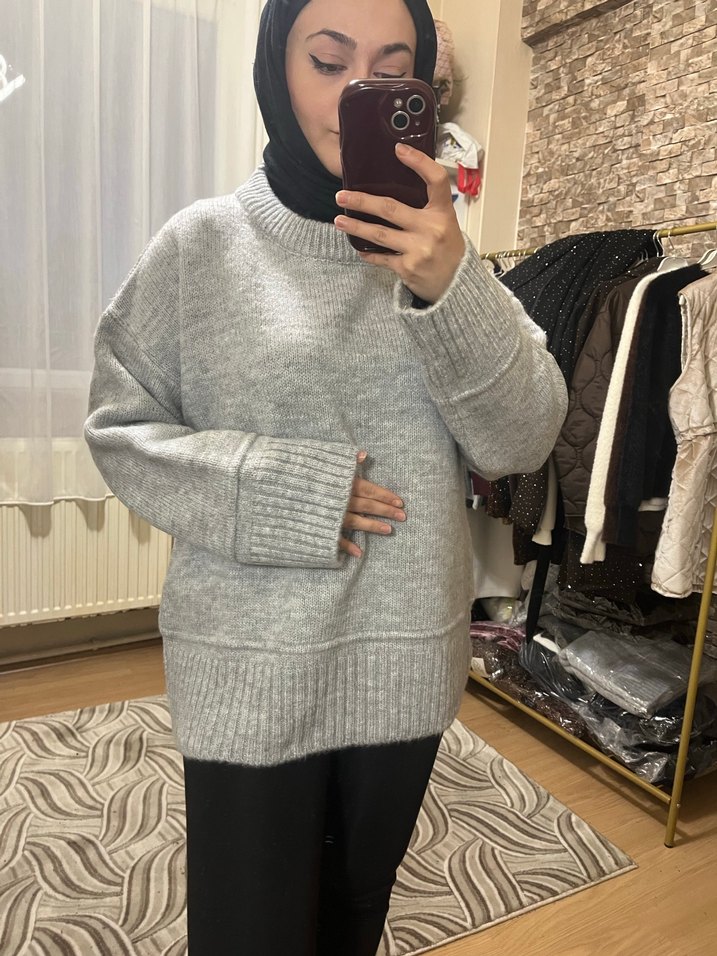 Gri Yüksek Yaka Kadın Triko Kazak - Görsel 2
