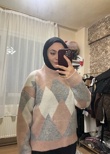 Gri ve Pudra Renkli Örgü Boğazlı Kazak - Görsel 2