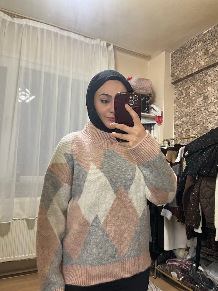 Gri ve Pudra Renkli Örgü Boğazlı Kazak - Görsel 2