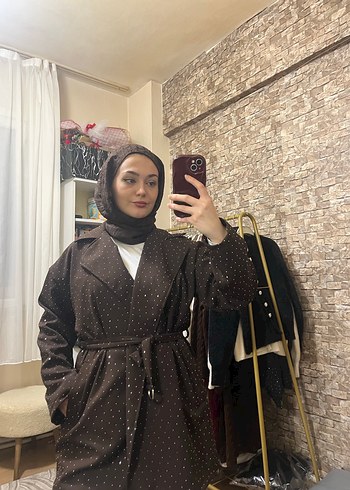 Taşlı ve kemerli acıkahve ceket - Görsel 3