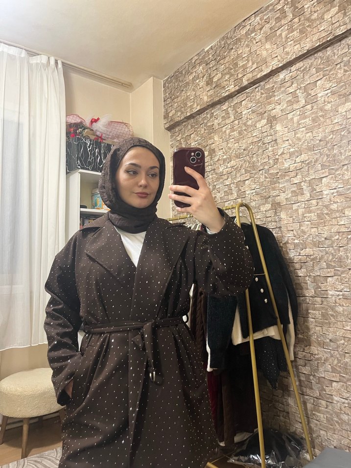 Taşlı ve kemerli acıkahve ceket - Görsel 3