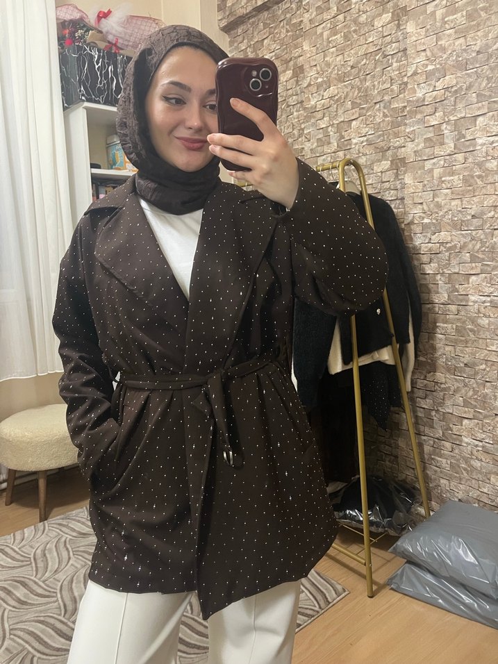 Taşlı ve kemerli acıkahve ceket - Görsel 2