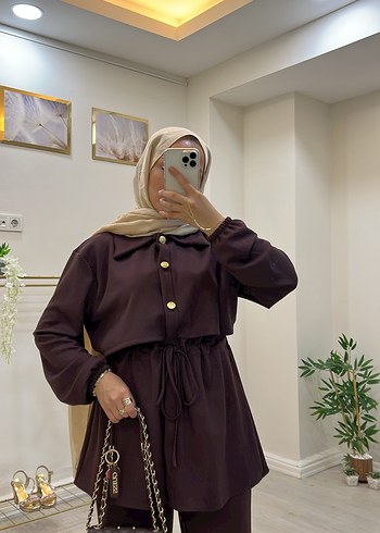 Düğmeli Koyu Kahverengi Kadın pantolon Takım