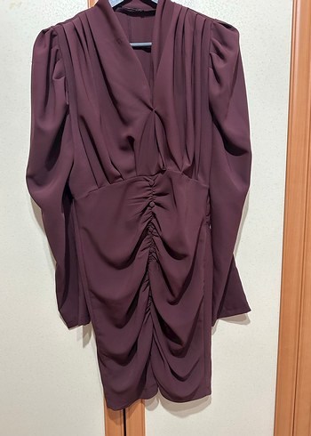 Bordo Drapeli Uzun Kollu Midi Elbise