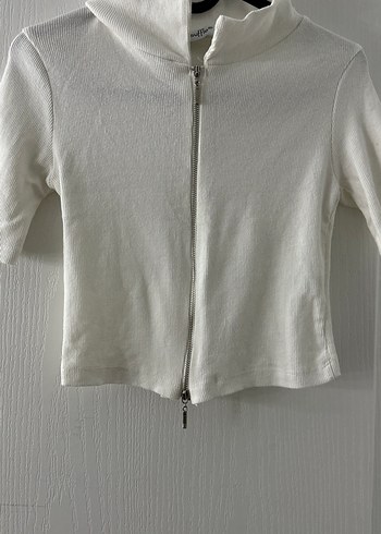 Kadın Beyaz Kısa Kollu Fermuarlı Crop - Görsel 3