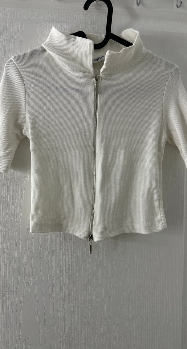 Kadın Beyaz Kısa Kollu Fermuarlı Crop - Görsel 3