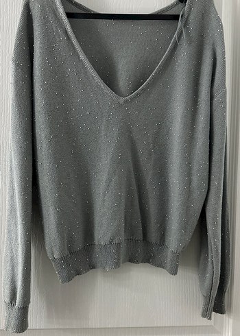 Gri Sırt Dekolteli Kadın Triko Uzun Kollu Kazak - Görsel 2