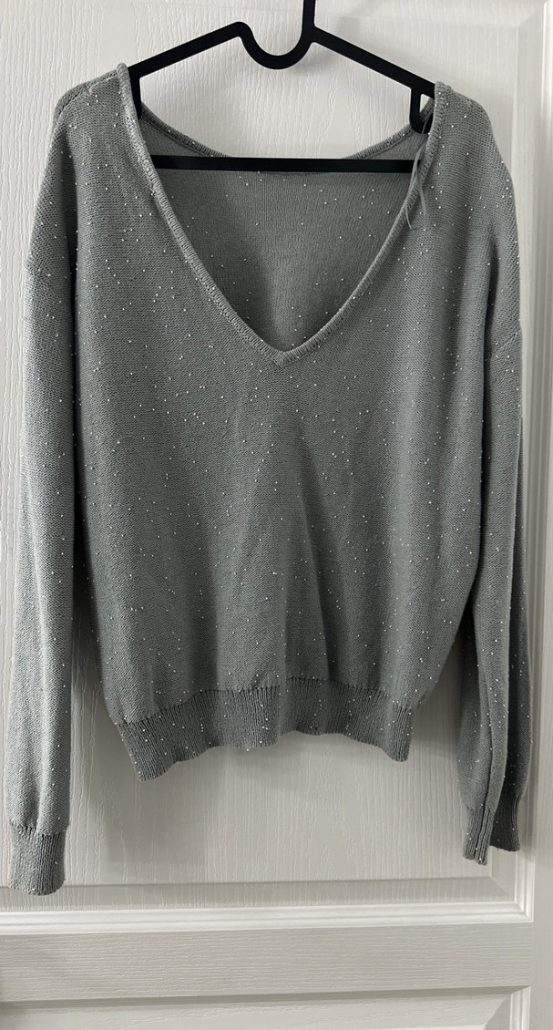 Gri Sırt Dekolteli Kadın Triko Uzun Kollu Kazak - Görsel 2