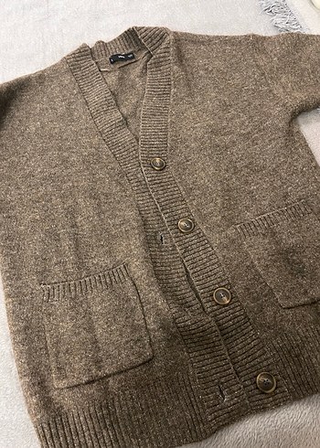 Düğmeli Kahverengi Yün Kadın Hırka - Görsel 2