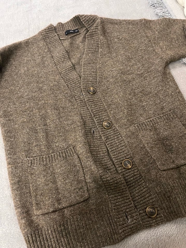 Düğmeli Kahverengi Yün Kadın Hırka - Görsel 2